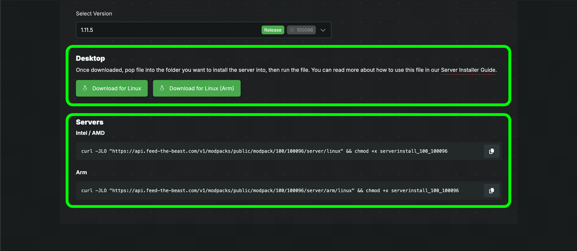 The FTB website focused on the server files section
